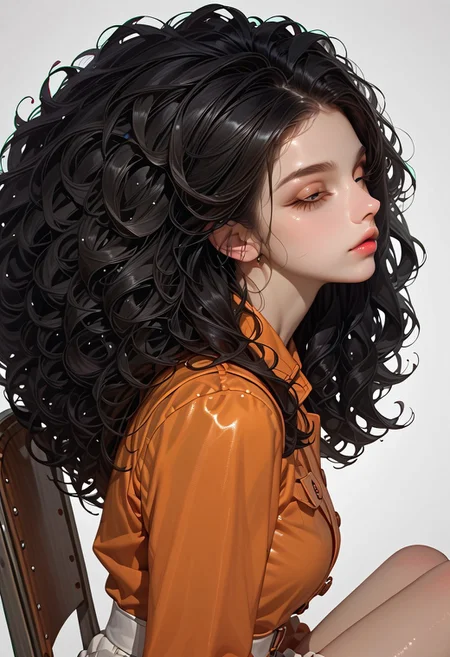 score_9, score_8_up, score_7_up, Expressiveh, source_anime, detail face,  morimee_style, jsyu_style,
1girl, amazing quality, best quality, incredibly absurdres, highres, masterpiece, newest, (big hair:1.4), black hair, curly hair, sitting on a orange leather chair, metallic tunnel, metallic color palette, (from side:1.4), neon light, reflective, white microskirt,
