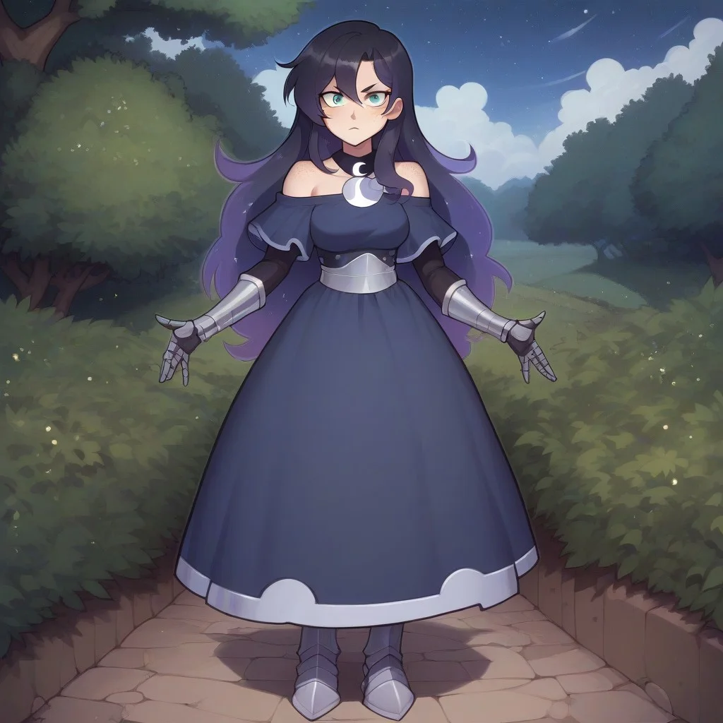score_9, score_8_up, score_7_up, score_6_up, (humanized, human), 1girl,, princess luna, ((black hair)), hair in front of shoulders, long hair, ((freckles)), anatomically correct, medium breasts, photo_realistic:1.5, high resolution, ,serious face, lidded eyes, detailed background,(outside, on a hill, ((night time)), soft glow, moonlit scene), big eyes, armored gloves, detailed dress, clingy dress, blue dress, skintight dress, fully clothed, exposed shoulders, looking at viewer, standing, armored boots, fit, toned, fit midriff, full body, front view, freckles on shoulders, (((tall))), scar on shoulder, scar on cheek, (solo),