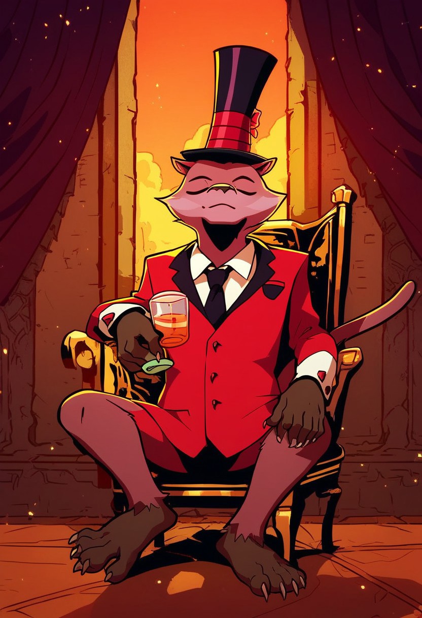 score_9, score_8_up, score_7_up, score_6_up, 
 <lora:Weasel_-_Creature_Commandos:1> cc_weasel, 1boy, solo, furry male, brown fur, tail, claws, Closed eyes, monocle, sitting on chair, suit and tie, top hat, sipping tea