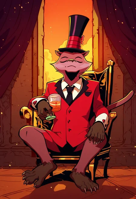 score_9, score_8_up, score_7_up, score_6_up, 
 <lora:Weasel_-_Creature_Commandos:1> cc_weasel, 1boy, solo, furry male, brown fur, tail, claws, Closed eyes, monocle, sitting on chair, suit and tie, top hat, sipping tea