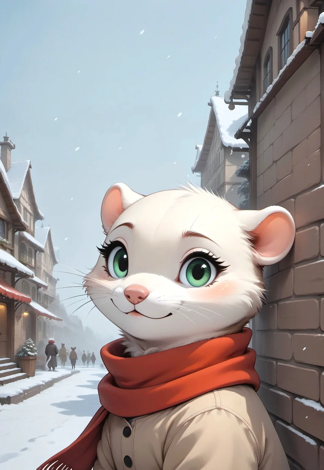 score_9, score_8_up, score_7_up, score_6_up, score_5_up, score_4_up, 

[][][][],

(ferret walking through the snowy streets of her village on a windy winter day), (((mustelid))), (cute, feral), (green eyes) (white fur:2), (winter clothes), (scarf:1.5), 

[][][][],

outdoors, building, (wall:1.2),
[][][][],

head focus, (simple background:1.2), (wind:1.5), snow, snowing, side view, look at viewer,