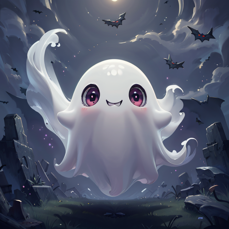 ((masterpiece,best quality)), absurdres,
<lora:Cute_Ghost_Anime:1>, Cute_Ghost, no humans, solo, ghost, floating, halloween, pokemon (creature), cute, 
solo, smiling, looking at viewer,
purple theme, graveyard in background,