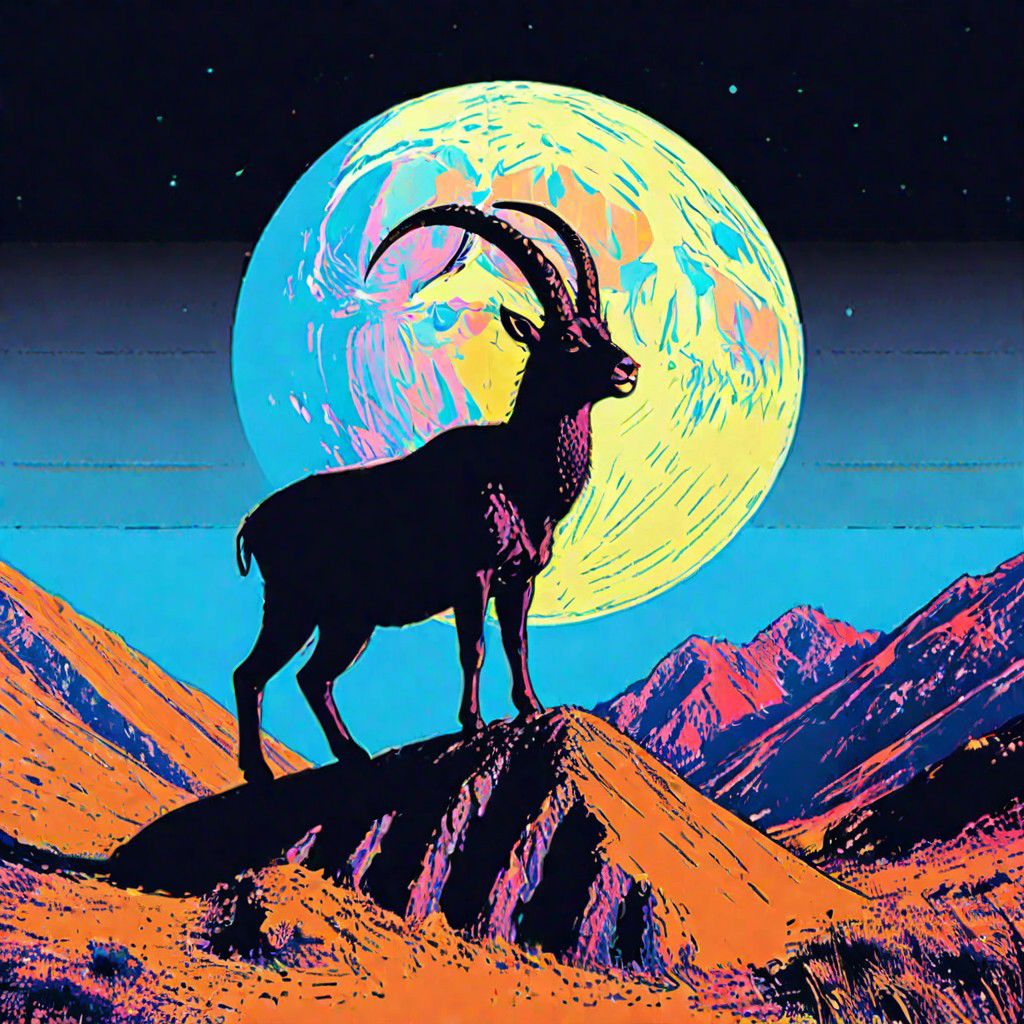 1 walia ibex standing on top of a cliff under 1 while moon, black silhouette against while moon, black cliff, dark blue sky,