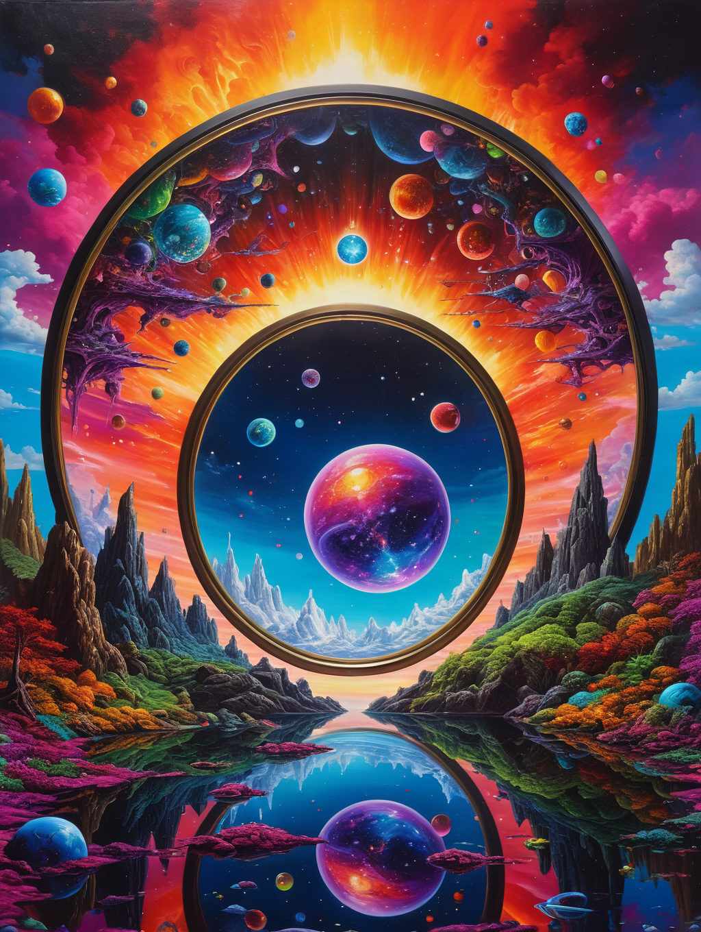 oil painting, surreal art, abstract art,  iconic Infinity Mirror World an immersive and psychedelic experience, masterpiece, high detail, 8k, intricate, detailed, high resolution, high res, ultra high quality, <lora:add-detail-xl:1.8>