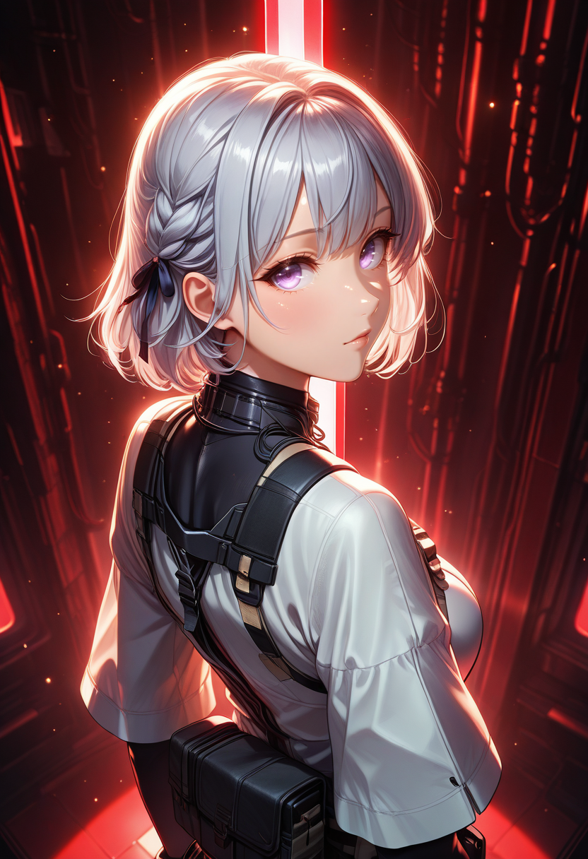 masterpiece, best quality, anime,  BREAK 1girl, solo,  blurry, blurry background,   (from above:1.2),looking at viewer, from side,(looking back:1.2),looking up,(light particles:1.6), upper body, (red light:1,6),   <lora:RealisticAnimeIXL:0.6> bokeh, luminescent background,  <lora:Dramatic Lighting Slider:6>,   <lora:swordsalute-pose-richy-v1_ixl:1> swordup, looking at viewer, close-up <lora:GFL-RPK16-ILXL-V1:1> rpkdef,purple eyes, grey hair, short hair, hair ribbon, braid,military uniform, elbow gloves, black gloves, armored boots, black footwear, white jacket, tactical clothes, black shorts, partial bodysuit, thigh boots, chest harness, belt pouch,