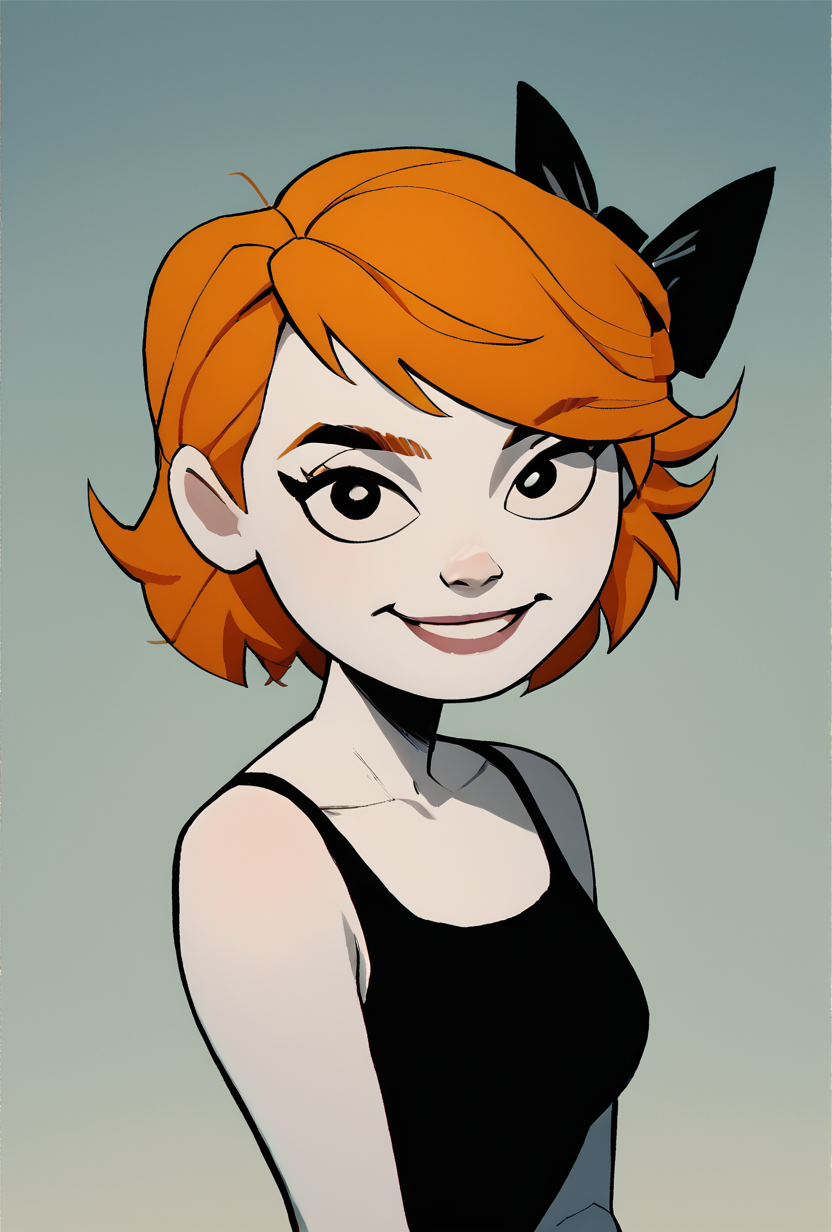 score_9, score_8_up, score_7_up, score_6_up, score_5_up, simple,  looking at viewer, smiling, simple, <lora:derpina-10:1> derpina, 1girl, short hair, hair bow, medium hair, orange hair, black dress,, white skin,,  <lora:wyatt:1> wyatt   <lora:jl33XLP:1> jl33, science fiction