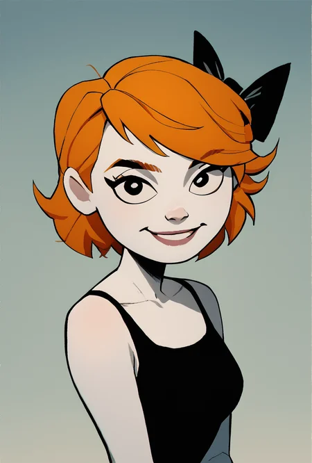 score_9, score_8_up, score_7_up, score_6_up, score_5_up, simple, looking at viewer, smiling, simple, <lora:derpina-10:1> derpina, 1girl, short hair, hair bow, medium hair, orange hair, black dress,, white skin,, <lora:wyatt:1> wyatt <lora:jl33XLP:1> jl33, science fiction