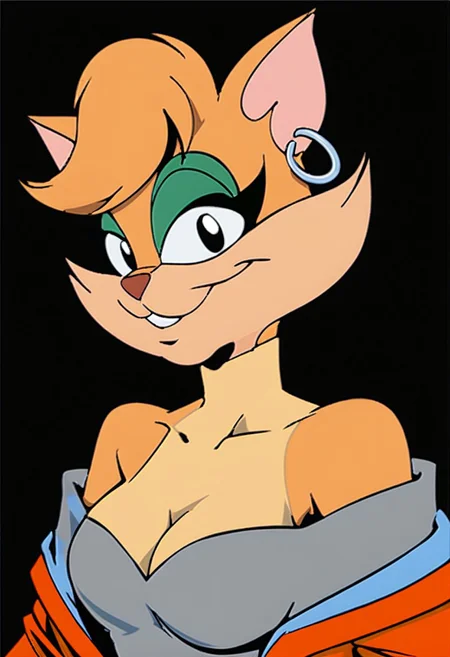 score_9, score_8_up, score_7_up, score_6_up, score_5_up, score_4_up, source_furry, Tabitha_Fantomcat, detailed eyes, detailed face, (retro artstyle, 1990s \(style\), flat color, toon \(style\)),1girl, solo, earrings, jewelry, hoop earrings, breasts, bare shoulders, black eyes, cleavage, strapless, medium breasts, dress, upper body, looking at viewer, smile, strapless dress, grey dress
<lora:tabitha-v1:1>