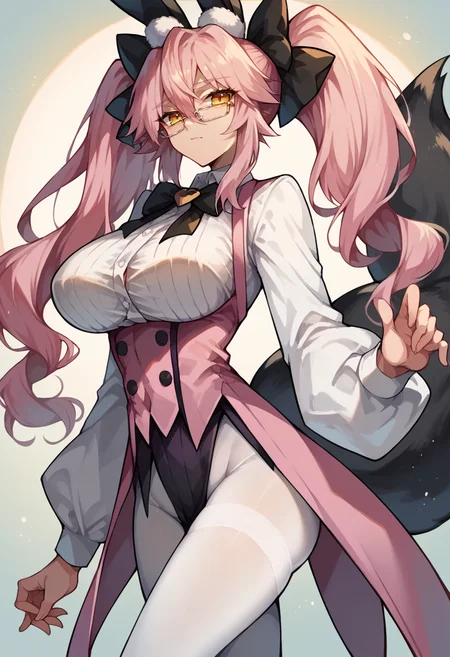 score_9, score_8_up, score_7_up, bangs, black bow, coattails, collared shirt, fox tail, glasses, hair between eyes, koyanrab, large breasts, long hair, long sleeves, pink hair, pink waistcoat, rabbit ears, sidelocks, sleeveless waistcoat, twintails, underbust, white pantyhose, white shirt, yellow eyes  <lora:koyan-16:1>, black tail