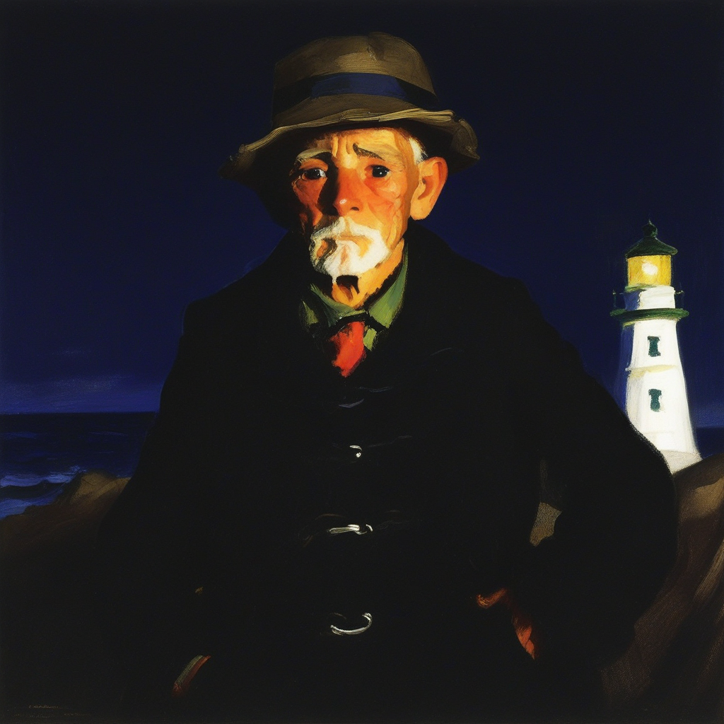 old man near the lighthouse, sentimental, 1boy, portrait, by robert henri, painting