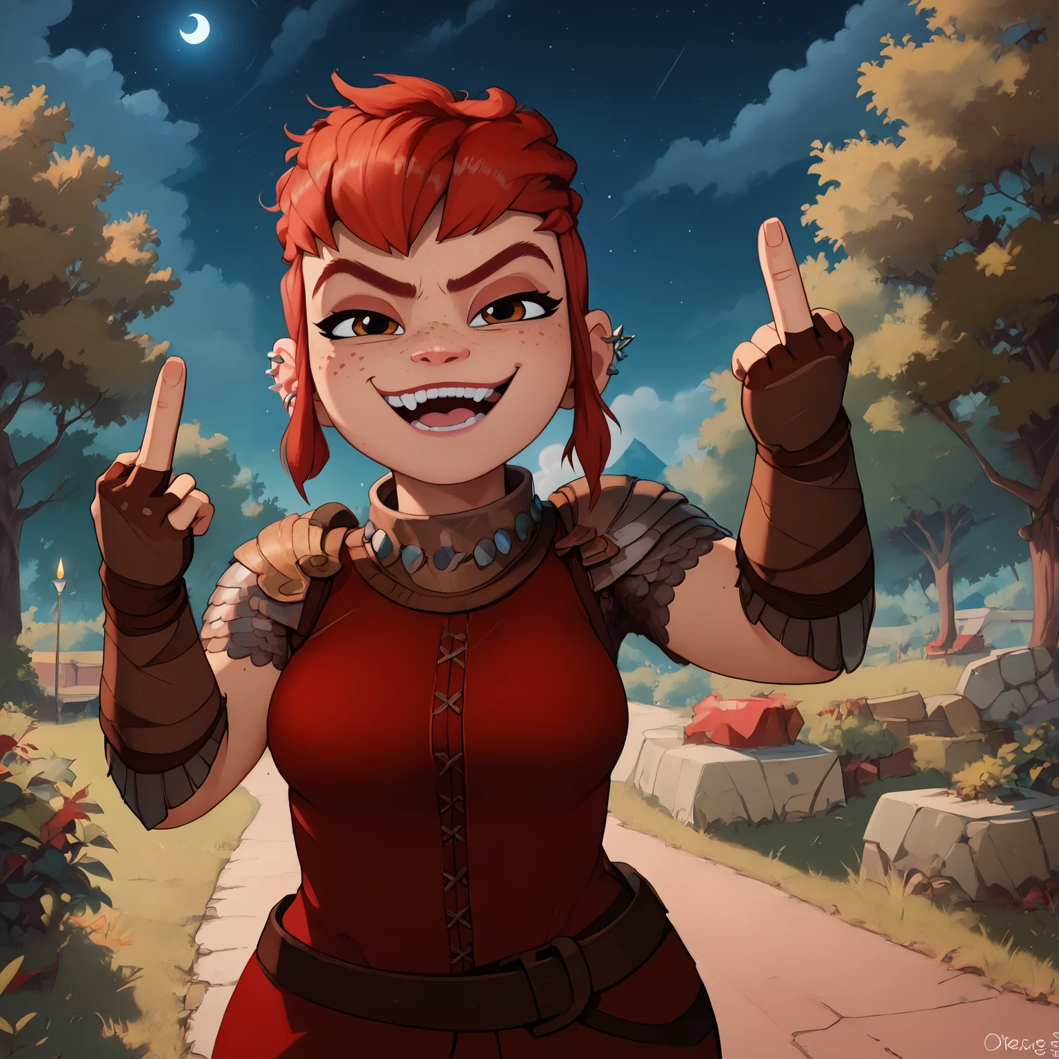 score_9, score_8_up, score_7_up, (emphasized-details:1.3), good_hands, better_hands, fckYou, middle finger, NimonaXL, short red hair, sidelocks, brown eyes, freckles, smug, smiling, open mouth, ear piercing, miniskirt, red tunic, looking at viewer, (fingerless gloves:1), shoulder armor, medium breasts, slender torso, standing, cowboy shot, night, outdoors, beautiful nature landscape, in a forest, numerous trees in background, <lora:NimonaXL-11:0.9> <lora:pony_good_hands:1> <lora:PonyXL-FkckU-Finger-11:1> <lora:detailed_notrigger:1>
