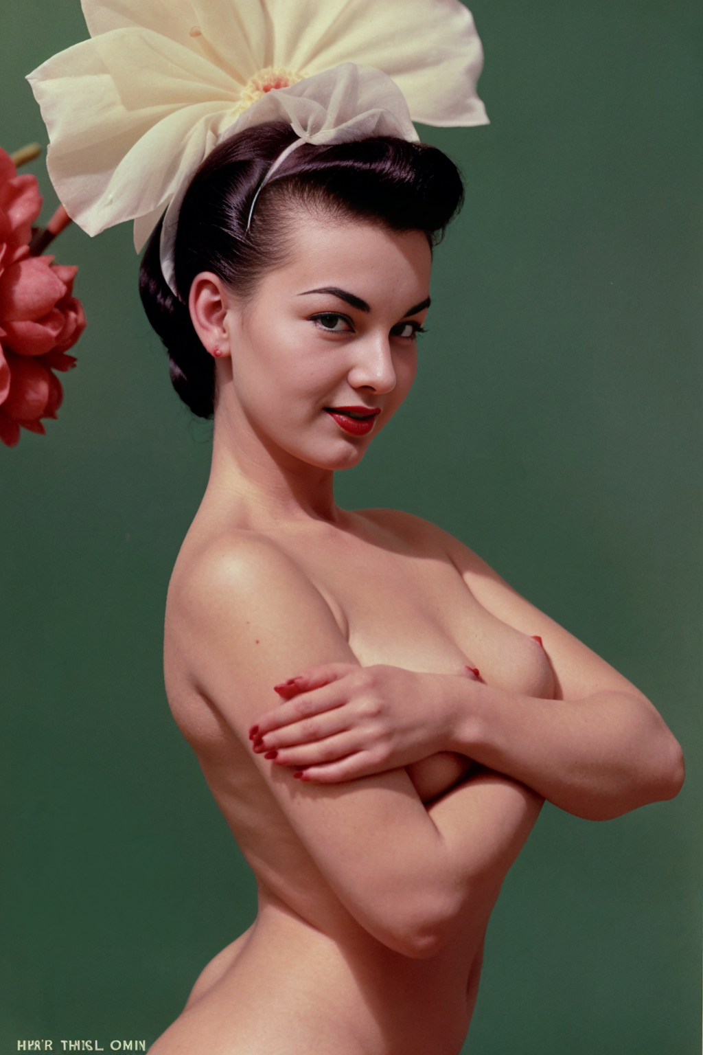 playboy, 1950s, 21 year old woman,  black slicked-back high ponytail, and oversized flower headband,  <lora:PlayboyCenterfold-v1.0a:1>