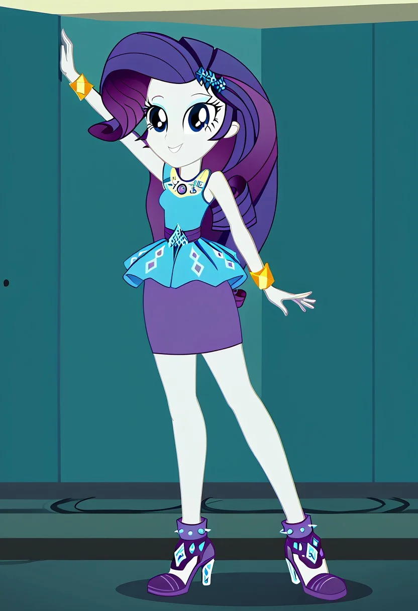 Score_9, Score_8_up, Score_7_up, Volumetric lighting, Tone the entire body, source_cartoon, source_cartoon, Official, rarity, equestria girls, bracelet, clothing, dress, woman, shielding geode, high heels, jewelry, legs, rarity peplum dress, shoes, skirt, Full body, sexy and sensual, sexy model body, Smiling, seductive and sensual look