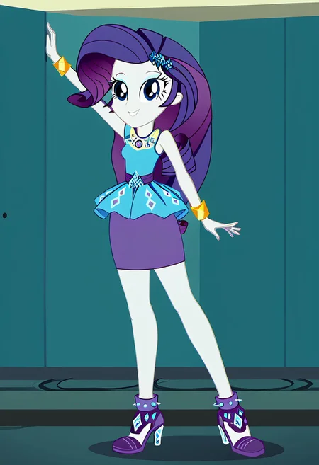 Score_9, Score_8_up, Score_7_up, Volumetric lighting, Tone the entire body, source_cartoon, source_cartoon, Official, rarity, equestria girls, bracelet, clothing, dress, woman, shielding geode, high heels, jewelry, legs, rarity peplum dress, shoes, skirt, Full body, sexy and sensual, sexy model body, Smiling, seductive and sensual look