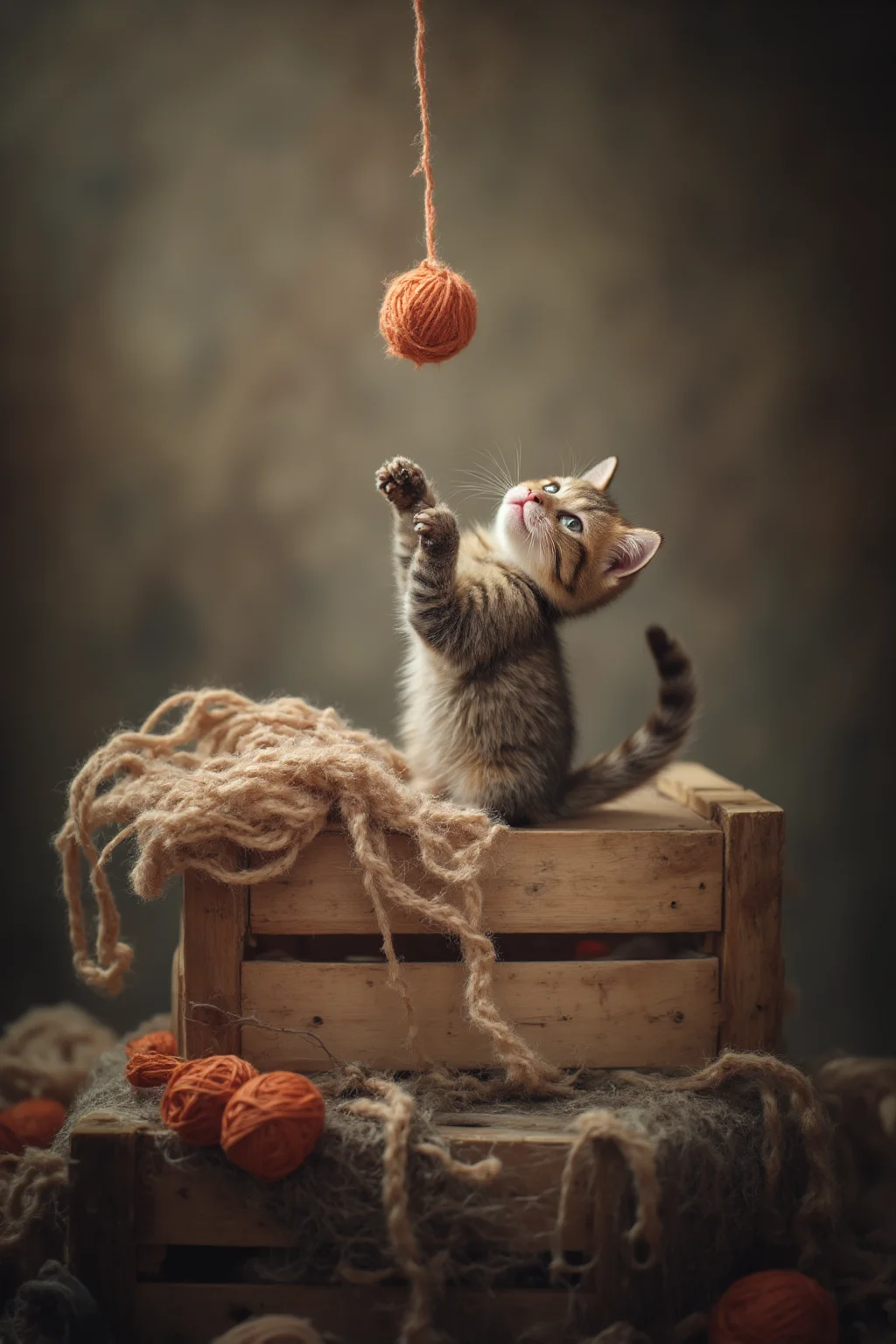 A playful scene unfolds: a fluffy kitten sits precariously on the edge of a worn wooden crate, its tail twitching with excitement as it gazes up at a ball of yarn dangling just out of reach. Soft focus and warm lighting evoke a sense of cozy comfort, while the rustic crate and whimsical composition add to the overall adorability of this endearing moment.
