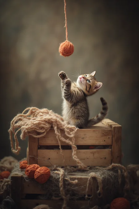 A playful scene unfolds: a fluffy kitten sits precariously on the edge of a worn wooden crate, its tail twitching with excitement as it gazes up at a ball of yarn dangling just out of reach. Soft focus and warm lighting evoke a sense of cozy comfort, while the rustic crate and whimsical composition add to the overall adorability of this endearing moment.