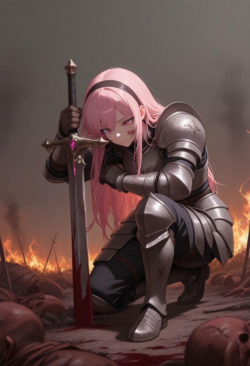 masterpiece, best quality, very aesthetic, absurdres, safe, pink eyes, armor, gloves, hairband, pink hair, long hair, 1girl, bowed head, sits on one knee, leans on sword, blood on face, blood on sword,
background (battlefield, corpses, smoke, fire)