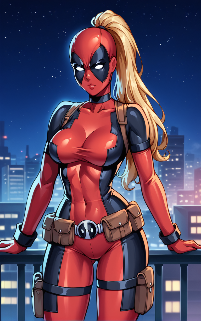 score_9, score_8_up, score_7_up, BREAK 
COMICS_LadyDeadpool_ownwaifu, 
1girl, blonde hair, empty eyes, high ponytail, large breasts, masked,  superhero, toned, very long hair, white eyes, mask, long hair, no pupils, narrow waist, 
bodysuit,  red bodysuit, black bodysuit, brown belt, multicolored bodysuit, belt pouch, utility belt, skin tight, belt, holster, gloves, pouch, covered navel, armor, choker, thigh strap, thigh holster, thigh pouch, ninja,
(standing, arm_support), railing, cityscape, night, city, city lights, scenery, starry sky, vanishing point, outdoors, <lora:PONYXL_COMICS_LadyDeadpool_ownwaifu:0.8> , depth of field, solo,