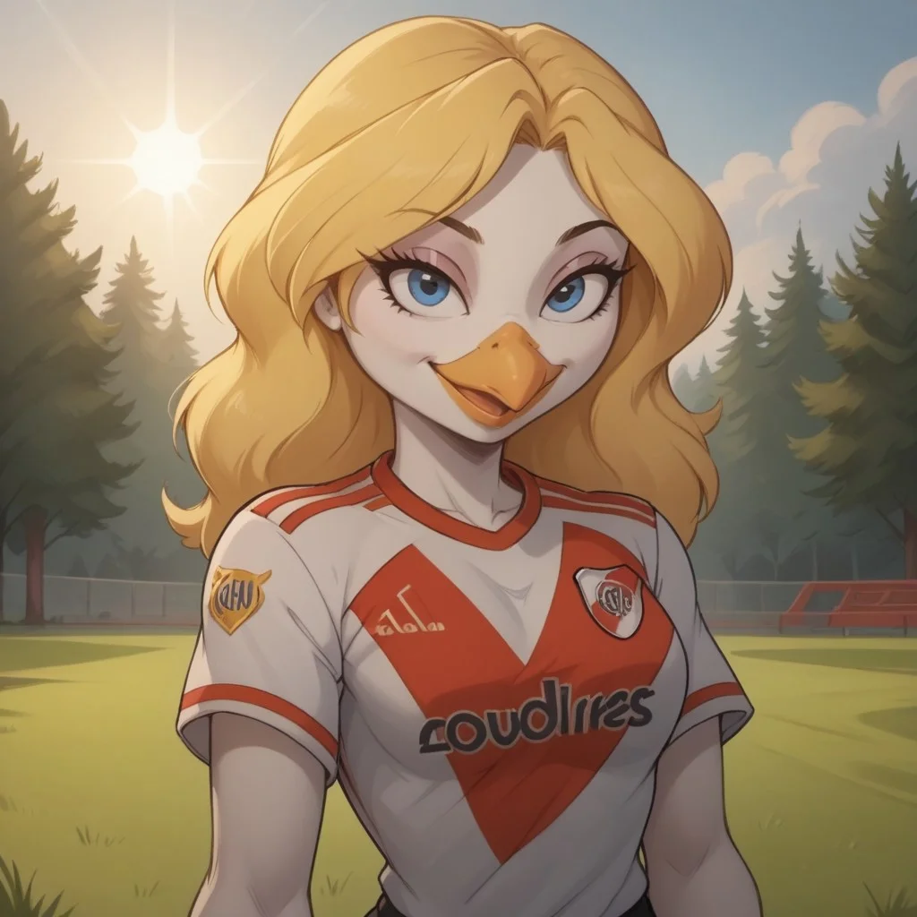 score_9, score_8, BREAK, solo, blonde hair, bird girl, humanoid bird, furry, beak, white skin, blue eyes, RiverPlate, striped shirt, striped, shirt, white shirt, short sleeves, clothes writing, sportswear, soccer uniform, Gandra_Dee_(DuckTales), sexy pose, self portrait, smile, outdoors, sunlight, shadows, evening lighting, natural lighting, forest, trees, grass, orange sky, sunset