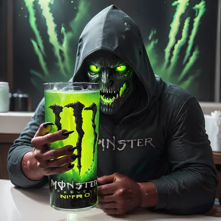 score_9, score_8_up, score_7_up, score_6_up, score_5_up, score_4_up, <lora:MonsterNitroPony:0.8>,NitroEnergy,solo,holding,cup,1man,wearing dark hood,dark backround,huge glowing green glass cup in the midle of the table,holding cup with both hands,long dark demon fingers,dark hands,