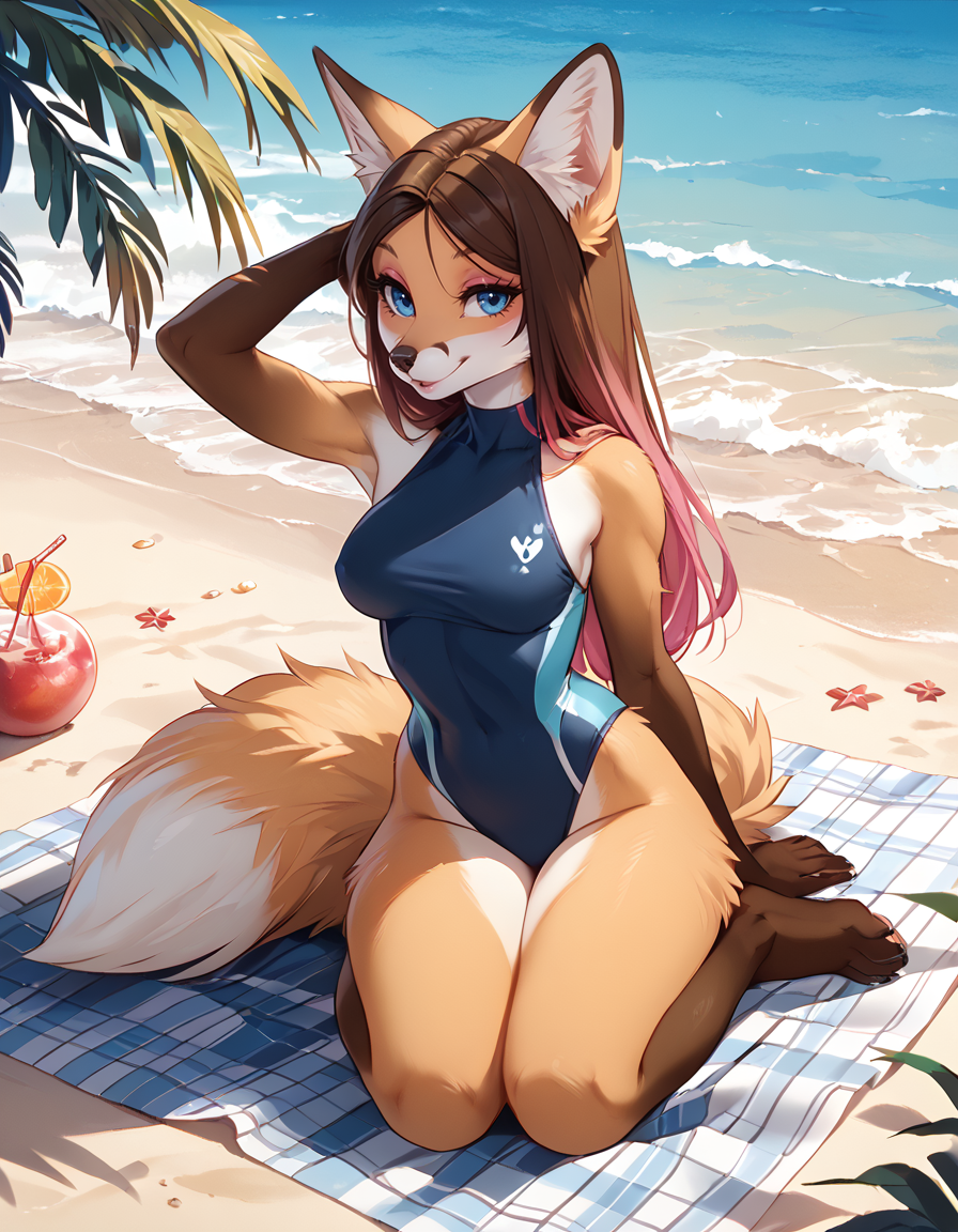 score_9,score_8_up,score_7_up,score_6_up,
outdoors,beach, 
full body,seductive smile,parted lips,long eyelashes,
swimsuit, pose,
<lora:Helga_v01_PDXL:1>,Helga,1girl,solo,furry female,fox girl,long hair,gradient hair,multicolored hair,fox ears,animal ear fluff,blue eyes,snout,animal nose,body fur,two tone fur,brown fur,white fur,