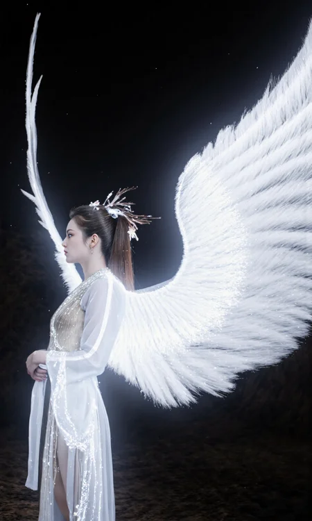 Top Atmosphere Photography Works, extremely realistic, Art by Zhang Jing.
a fairy wearing (a white Hanfu/made of glowing fiber optic circuits, luminescent fiber-optic electrical circuits), a pair of folded white glowing giant feather wings, the surrounding is a dark, empty void. the image is high quality and vivid with tech aesthetics.
(photorealistic:1.2), (Extremely realistic, masterpiece, top quality, official art, best quality, beautiful and aesthetic:1.2), 4k, 8k, very rich details, 24bit colors, vivid colors, cinematic color grading,