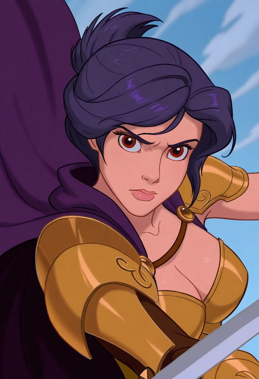 best quality, masterpiece, sfw,
n0m0, DisneyRenstyle,
close-up shot, view from aside,
solo, holding sword, dynamic fighting pose,
1girl,
sabia, human, purple hair, red eyes, folded ponytail,
armor, single shoulder armor, cape, single bare shoulder, clothed,
large breasts,
looking at viewer, closed mouth,