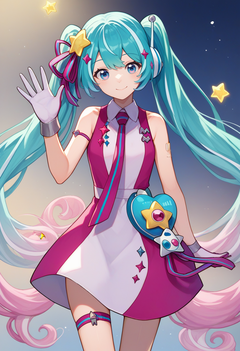 score_9, score_8_up, score_7_up, source_anime, solo, 1girl, magicalmiku2022, smile, looking at viewer, waving, gradient hair, aqua hair, pink hair, twintails, star hair ornament, hair ribbon, striped ribbon, headphones, blue eyes, pink dress, collared dress, sleeveless dress, pink necktie, white gloves, thigh strap, bare shoulders <lora:vocaloid_magicalmiraimiku2022_ponyXL:1>