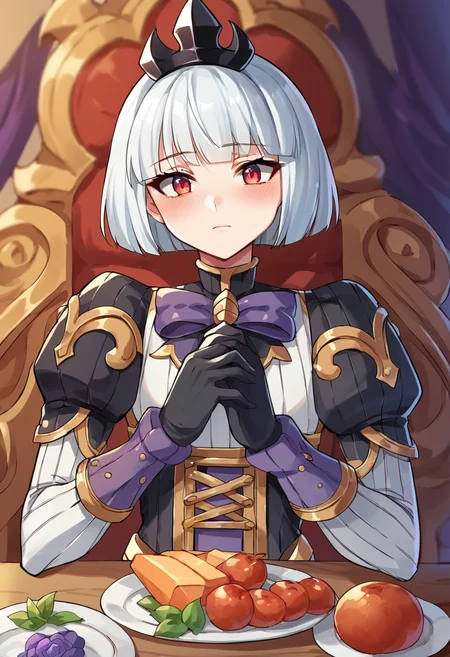 score_9, score_8_up, score_7_up, source_anime BREAK  Orphea, tiara, white hair, short hair, red eyes, gown, puffy sleeves,  black gloves, purple bow, <lora:OrpheaPonyXLP-000041:1>