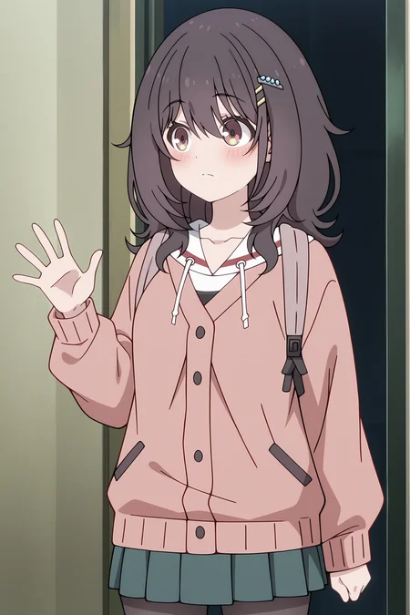 volumetric lighting, official style, amazing quality, ultra detailed, highres, detailed background, anime screenshot, anime screencap, anime coloring, masterpiece, detailed face,1girl  <lora:mako_kawai__-15:0.9>mako_kawai, mako_kawai(outfit 3), black hair, salmon colored cardigan, solo, medium hair, hairclip, hair ornament, white hoodie with red trim, green pleated skirt, bangs, closed mouth, brown and yellow eyes, black pantyhose, hair between eyes, bag, backpack, drawstring, collarbone, standing, looking away, waving, blushing