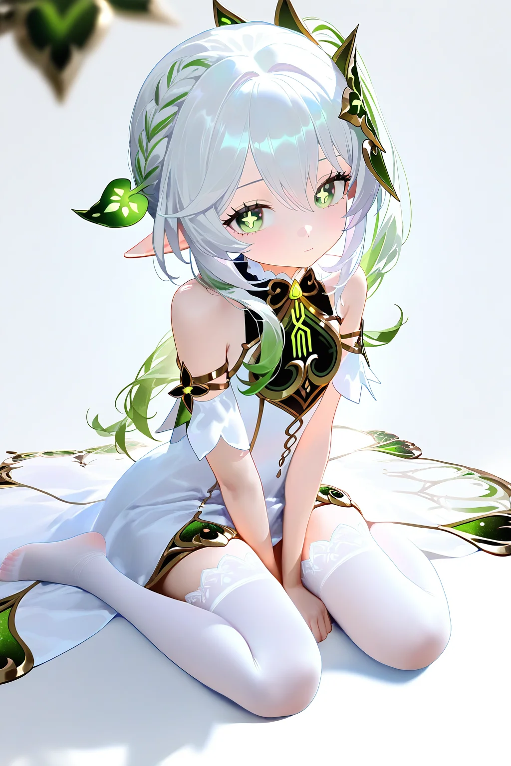 1girl,solo,
nahida \(genshin impact\),white thighhighs,wariza,
white background,
best quality,amazing quality,very aesthetic,safe,
<lora:nyalia_NoobXL:1>,