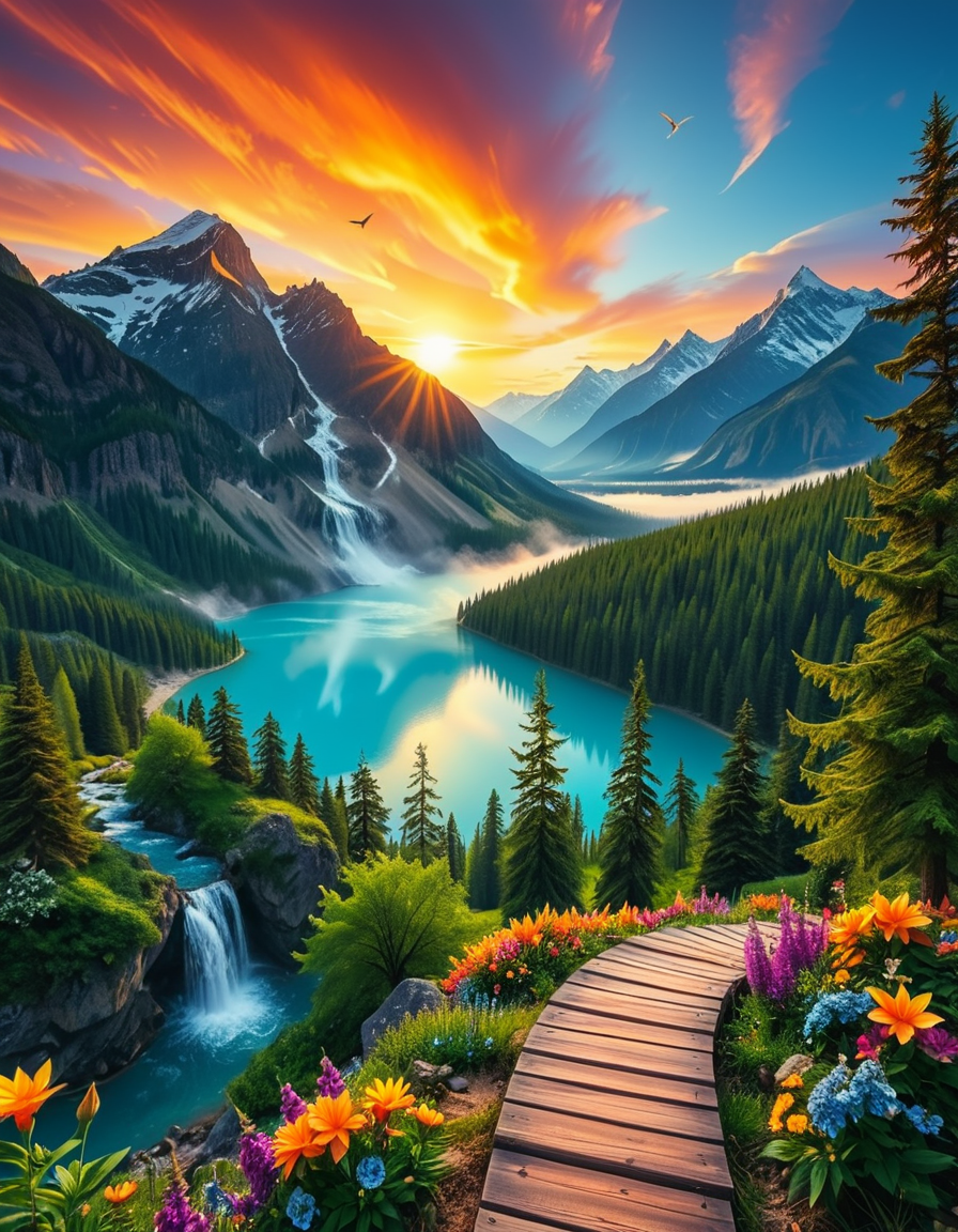 A breathtaking, high-resolution photograph of the most beautiful place on Earth, where natureâs wonders blend in perfect harmony. Towering, snow-capped mountains rise majestically in the background, their peaks glowing under the golden hues of a setting sun. Below, a crystal-clear turquoise lake reflects the colors of the sky, surrounded by lush, green forests filled with ancient trees, vibrant wildflowers, and cascading waterfalls. A soft mist rises from the valley, adding a dreamlike quality to the scene. In the distance, rolling meadows stretch toward the horizon, dotted with colorful flowers and serene wildlifeâgraceful deer grazing, birds soaring in the sky, and butterflies dancing in the breeze. A wooden footpath winds through the landscape, leading to a secluded, tranquil spot where the beauty of nature can be fully admired. The air is crisp and filled with the soothing sounds of rustling leaves, flowing water, and distant birdsong. The sky above is a masterpiece of colorsâdeep oranges, purples, and pinks blending seamlessly as the sun sets, casting a magical glow over this untouched paradise. The atmosphere is peaceful, awe-inspiring, and filled with a deep sense of wonder and tranquility, as if stepping into a perfect dream.
<lora:SDXLFaeTastic2400:0.4> <lora:extremely_detailed:0.4> extremely detailed, <lora:Earth_P4r4d1s3:1>,Earth P4r4d1s3, Masterpiece,best quality,hi res,8k,hi res,8k,award winning,(sharp focus, intricate, highly detailed),