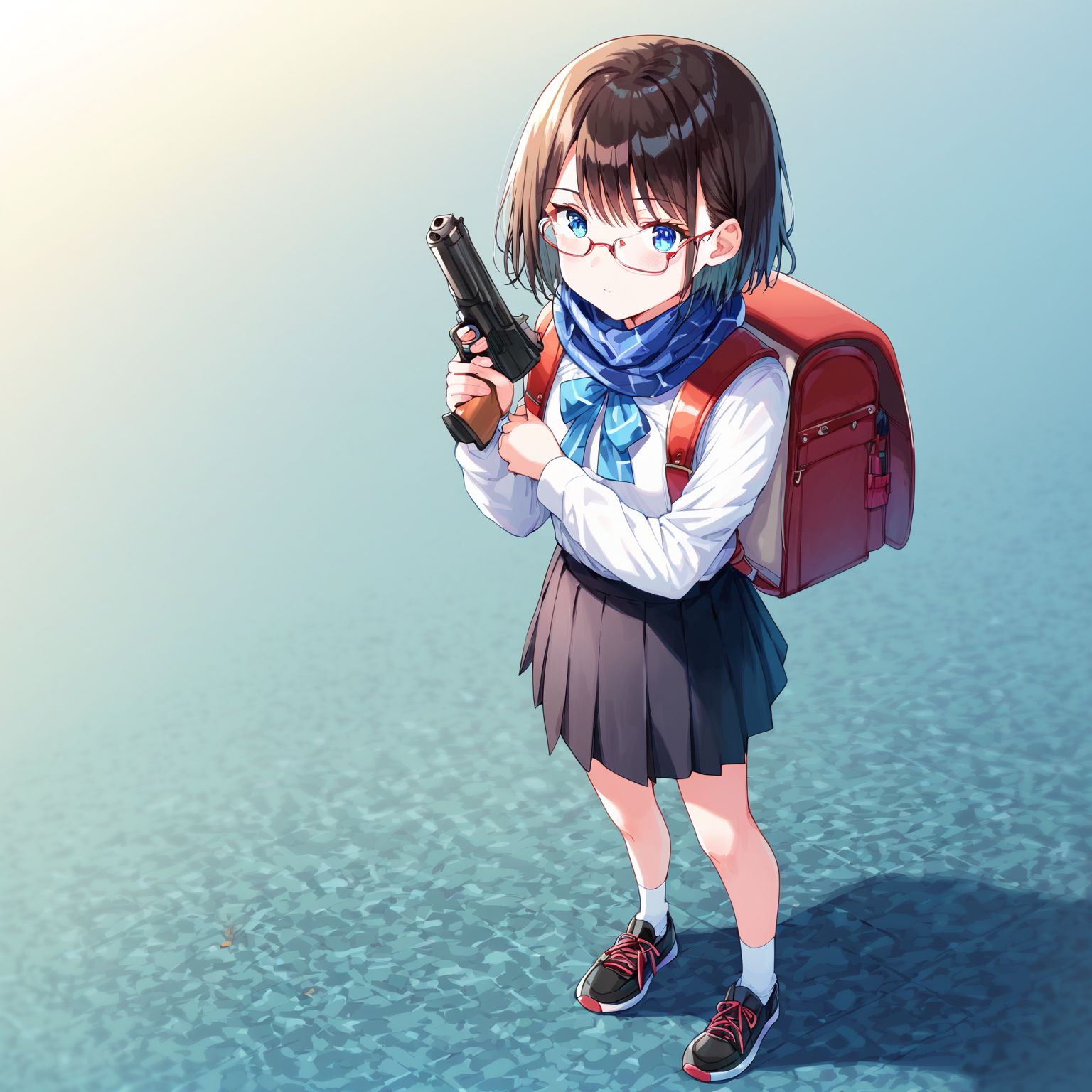 <lora:randoseru_XL_pony:1>
score_9, score_8_up, hiten \(hitenkei\), 
1girl, solo, randoseru, backpack, bag, black footwear, black skirt, blue eyes, brown hair, buttons, closed mouth, collared shirt, full body, glasses, gun, handgun, long sleeves, looking at viewer, miniskirt, pleated skirt, scarf, school uniform, shirt, shoes, short hair, skirt, sneakers, standing, weapon, white shirt