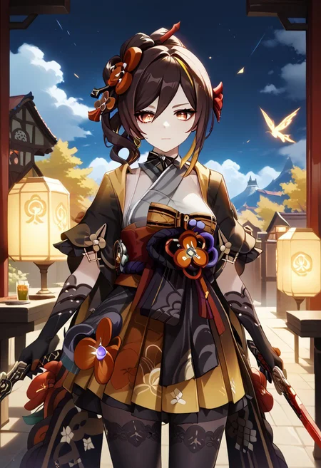 score_9,score_8_up,score_7_up,source_anime,CHIORI_(GENSHIN_IMPACT),1girl,solo,breasts,looking at viewer,brown hair,hair ornament,holding,weapon,multicolored hair,japanese clothes,sword,wide sleeves,kimono,holding weapon,fur trim,