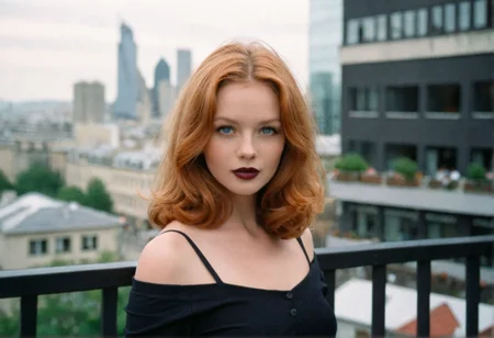 ((CinematicPortrait analog photo)) ginger woman outdoors, blue eyes, (glossy dark lipstick), (balcony cityscape), ((soft focus, depth of field, film grain, looking at viewer)) <lora:CinematicPortraitXL_v3:0.65>