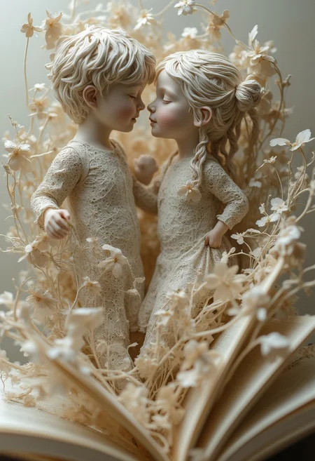 hyperrealistic detailed image, masterpiece,
Open book. Sculpture ((( boy and girl in love: 1.4))) from paper pages of a book, complex, dynamic movement, cinematic, style raw