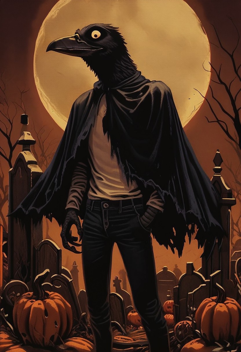score_9, score_8_up, score_7_up, score_6_up, hllwn, halloween, vintage, detailed background, creepy, anthro crow, ,mantle, halloween, pumpkins, guy, graveyard, brutal, full moon, beak, claw, trousers, shirt