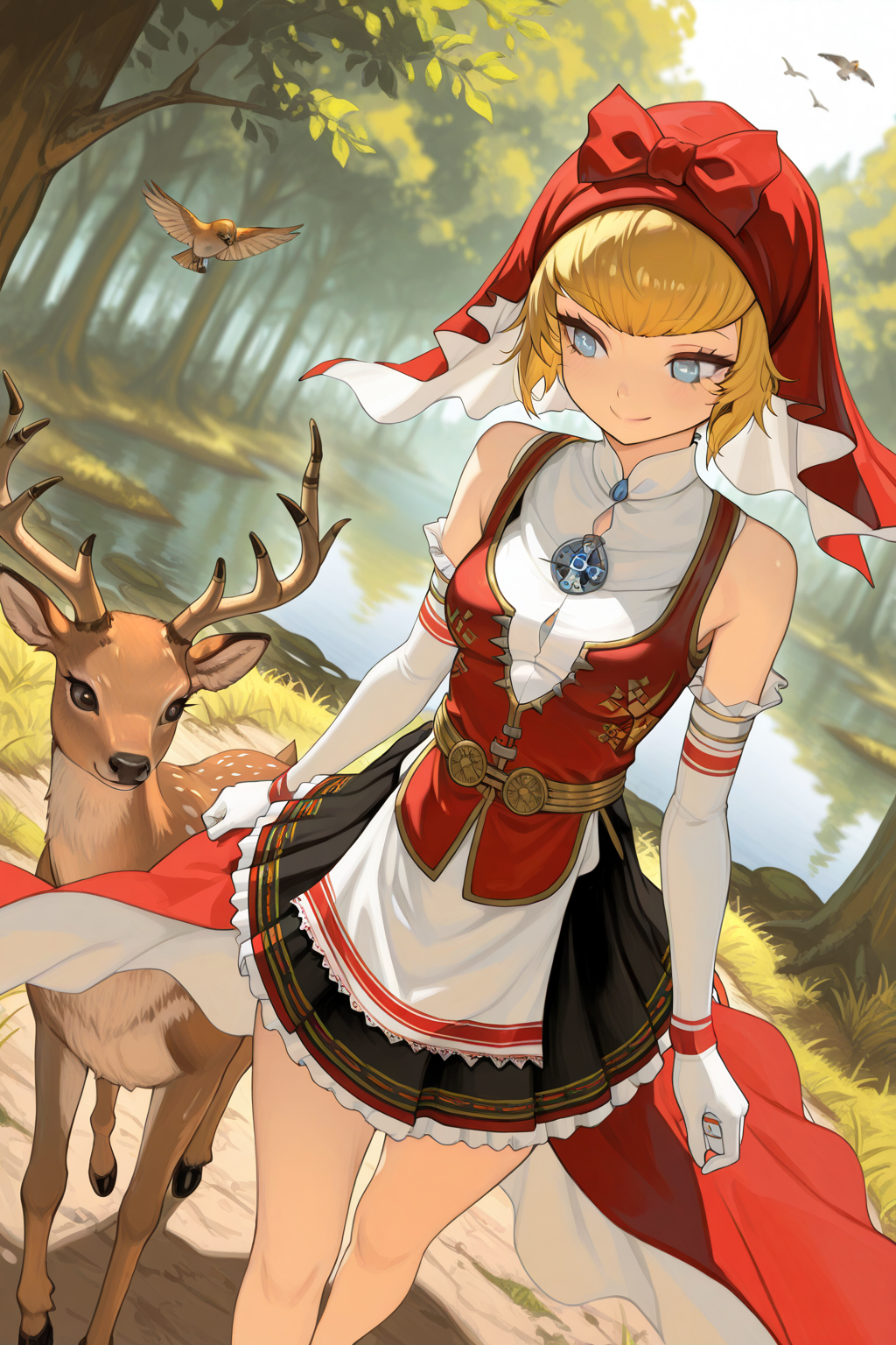 1girl,
IdunnShinMegamiTensei,
general, solo, perspective, dynamic angle, half body,
short hair, blonde hair, detailed eyes,
red hood, elbow gloves, 
skirt,
smile, walking, arms at sides,
depth of field, fantasy, forest, grass, deer, lake, bird,
<lora:kp_IdunnShinMegamiTenseiIllustrious_v1_0:1.0>,
masterpiece, best quality, amazing quality