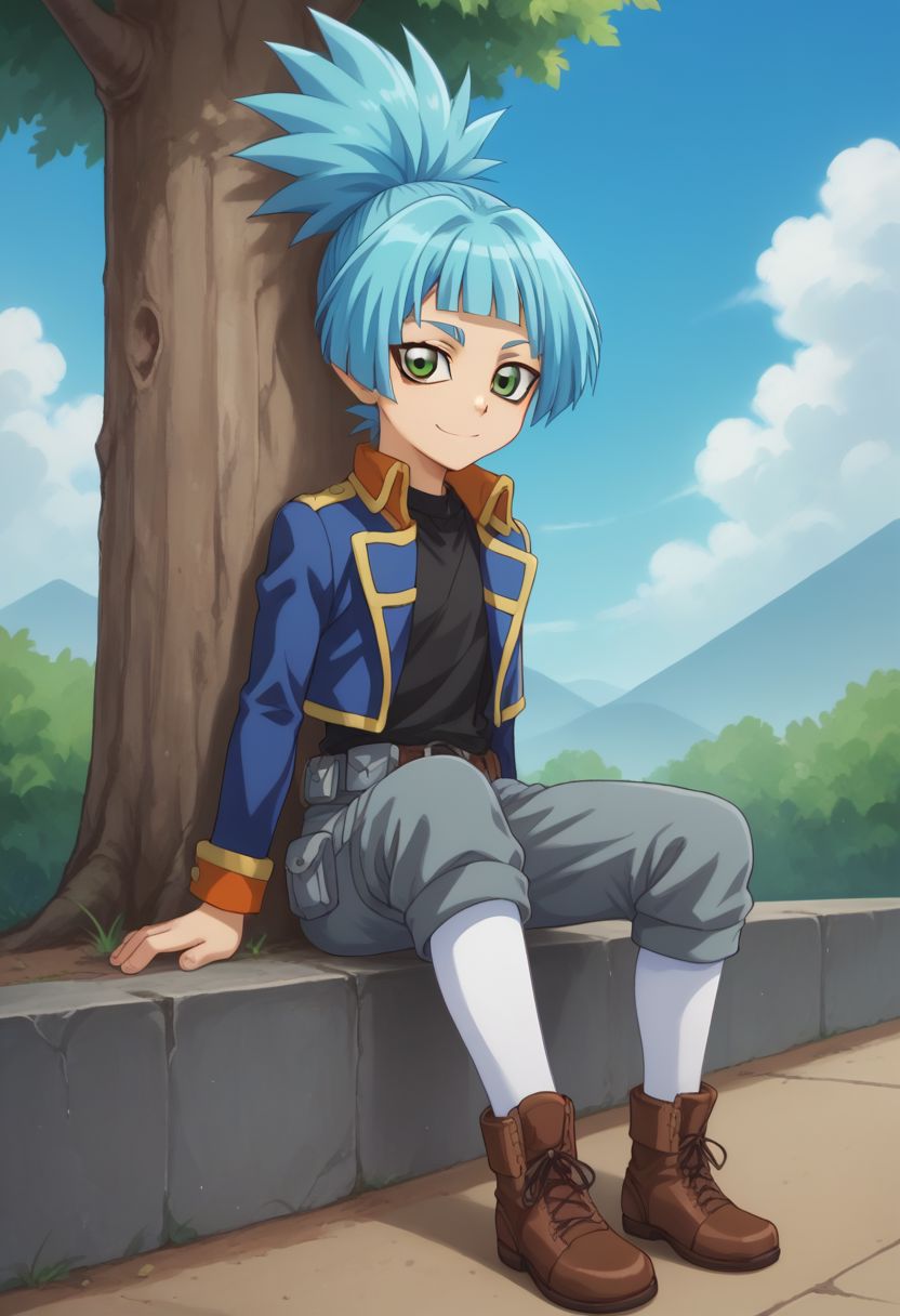 score_9, score_8_up, score_7_up, source_anime, highly detailed, 
sora, solo, 1boy, male focus, green eyes, blue hair, blunt bangs, smile, jacket, ponytail, belt, spiked hair, shorts, open jacket, blue jacket, shirt, black shirt, long sleeves, socks, long socks, very long socks, shoes, brown shoes,
outdoor, sky, tree, sit,