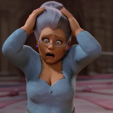 score_9, score_8_up, score_7_up, 1girl, solo, swirl hair, gray hair, gray eyes, glasses, star earrings, blue dress, belt, cleavage, hands on head, shocked, 3d,
