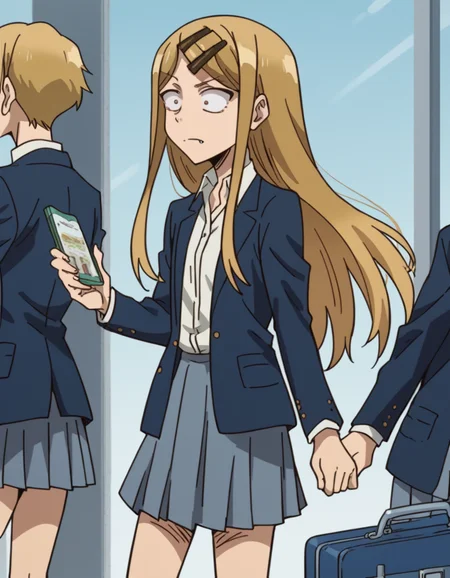 score_9, score_8_up, score_7_up, source_anime, <lora:saya-endou-s2-ponyxl-lora-nochekaiser:1>, saya endou, long hair, blonde hair, hair ornament, brown eyes, hairclip, fang, wide-eyed, constricted pupils, sanpaku,, skirt, shirt, hair ornament, school uniform, jacket, pleated skirt, socks, blazer,, airport, waiting area, suitcase, flight delayed, passengers, reading book, , , arm holding a phone, solo,, cowboy shot, dutch angle