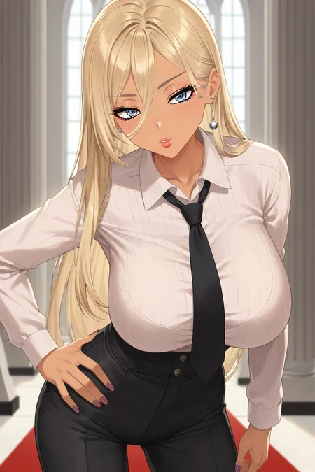 score_9, score_8_up, score_7_up, source_anime, 1girl, prefect lighting, very aesthetic, intricate details, highly detailed background, masterpiece, high quality, prefect hands, best quality, solo,
<lora:Gyaru_mom_Flim13_V1:.85>, KJOgyaru, blonde hair, long hair, hair between eyes, grey eyes, ringed eyes, 
White collared shirt, black necktie, black pants, long sleeves,
standing, hand on own hip, from below, looking at viewer, upper body,
throne room, throne, red carpet, stairs, pillars, curtains,
(Beautiful, large Breasts:1.2), natural breasts,