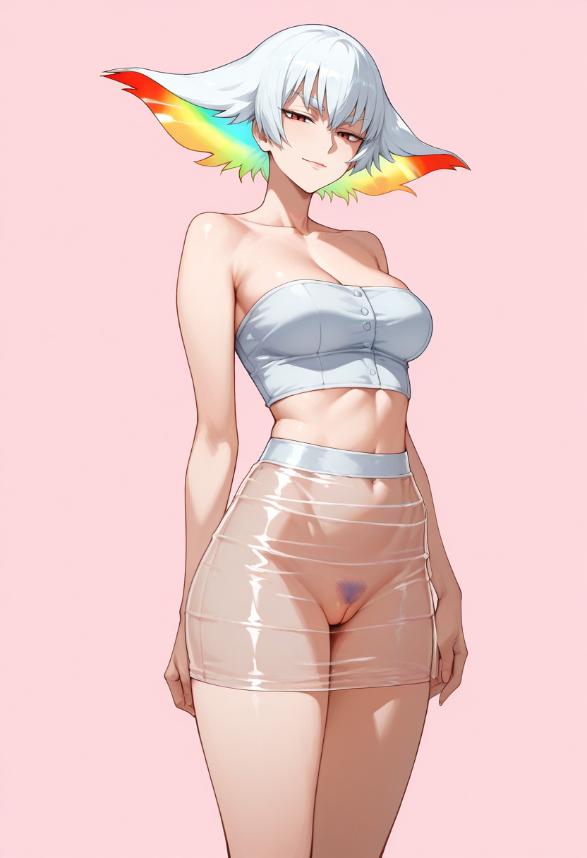 masterpiece,best quality,absurdres, amazing quality,
1girl, solo,
standing,
looking at viewer, half-closed eyes, light smile, 
simple background, pink background, 
crop top, strapless, female pubic hair, 
 <lora:See-through_microskirt:0.6> S33-thr00gh_m1cr0sk1rt, pussy, cleft of venus, see-through miniskirt,   kiryuuin ragyou,  mature female, medium breasts,