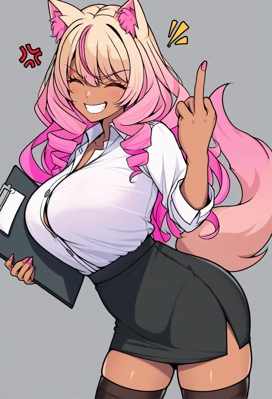 masterpiece, best quality, 1girl, szksumm3r2, dark-skinned female, animal ears, blonde hair, long hair, pink hair, multicolored hair, drill sidelocks, closed eyes, white shirt, large breasts, tail, black pencil skirt, black thighhighs, zettai ryouiki, middle finger, holding clipboard, anger vein, smile