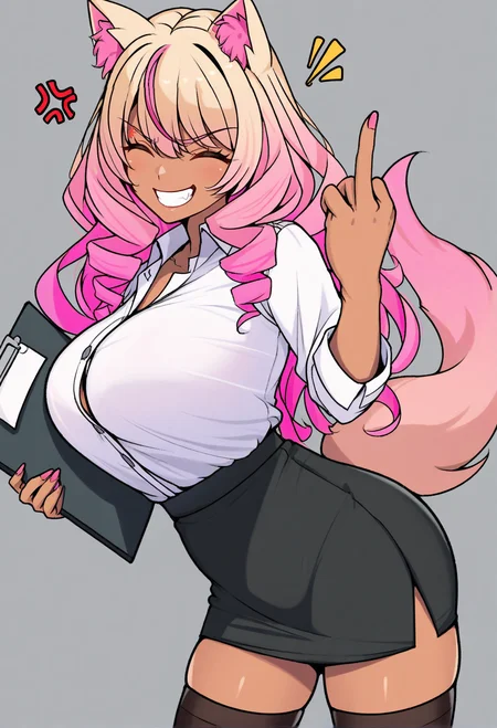 masterpiece, best quality, 1girl, szksumm3r2, dark-skinned female, animal ears, blonde hair, long hair, pink hair, multicolored hair, drill sidelocks, closed eyes, white shirt, large breasts, tail, black pencil skirt, black thighhighs, zettai ryouiki, middle finger, holding clipboard, anger vein, smile