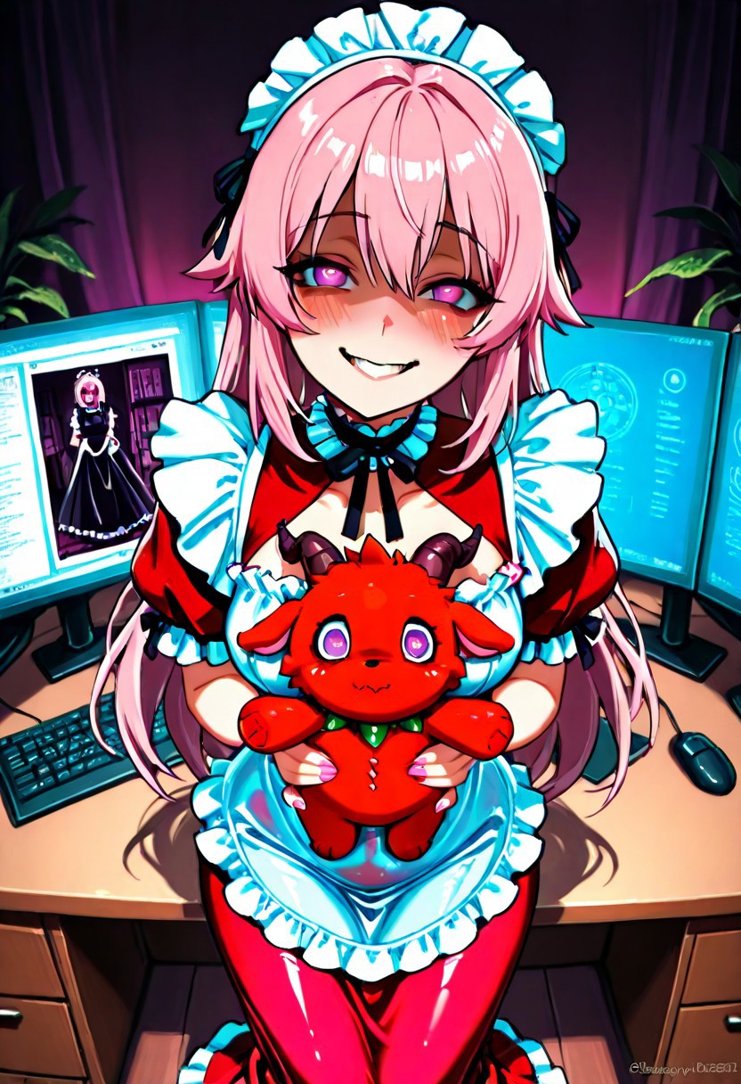 2.5d style, detailed image, detailed environment,
{CivChan, solo:2.0, purple eyes, pink hair, medium breasts, short stature, thin build, crazed expression, red slime dress, slime maid outfit, slime dress, maid outfit, translucent slime gloves, slime stockings, slime clothes, slime dress, slime choker, <lora:idress_b03:0.7> black stockings, frills, long skirt, long dress, idress_b03, lace trim, maid, no cutout, long skirt, <lora:yandere-trance-ponyxl-lora-nochekaiser:1>, yandere trance, yandere, crazy eyes, crazy smile, crazy, heart-shaped pupils, glowing eyes, symbol-shaped pupils, glowing, blush, looking at viewer, holding plushy, holding baphy plushie, stitched up plushy, goth plushy, baphomet plushy, baphy_plushies, }
computer desk, digital code, multiple monitors,