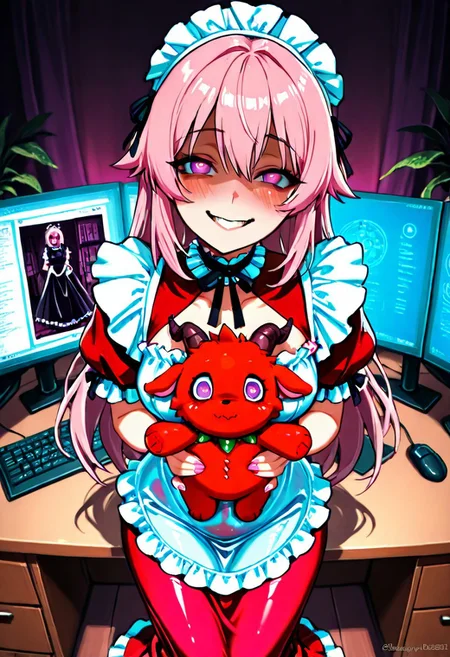 2.5d style, detailed image, detailed environment,
{CivChan, solo:2.0, purple eyes, pink hair, medium breasts, short stature, thin build, crazed expression, red slime dress, slime maid outfit, slime dress, maid outfit, translucent slime gloves, slime stockings, slime clothes, slime dress, slime choker, <lora:idress_b03:0.7> black stockings, frills, long skirt, long dress, idress_b03, lace trim, maid, no cutout, long skirt, <lora:yandere-trance-ponyxl-lora-nochekaiser:1>, yandere trance, yandere, crazy eyes, crazy smile, crazy, heart-shaped pupils, glowing eyes, symbol-shaped pupils, glowing, blush, looking at viewer, holding plushy, holding baphy plushie, stitched up plushy, goth plushy, baphomet plushy, baphy_plushies, }
computer desk, digital code, multiple monitors,