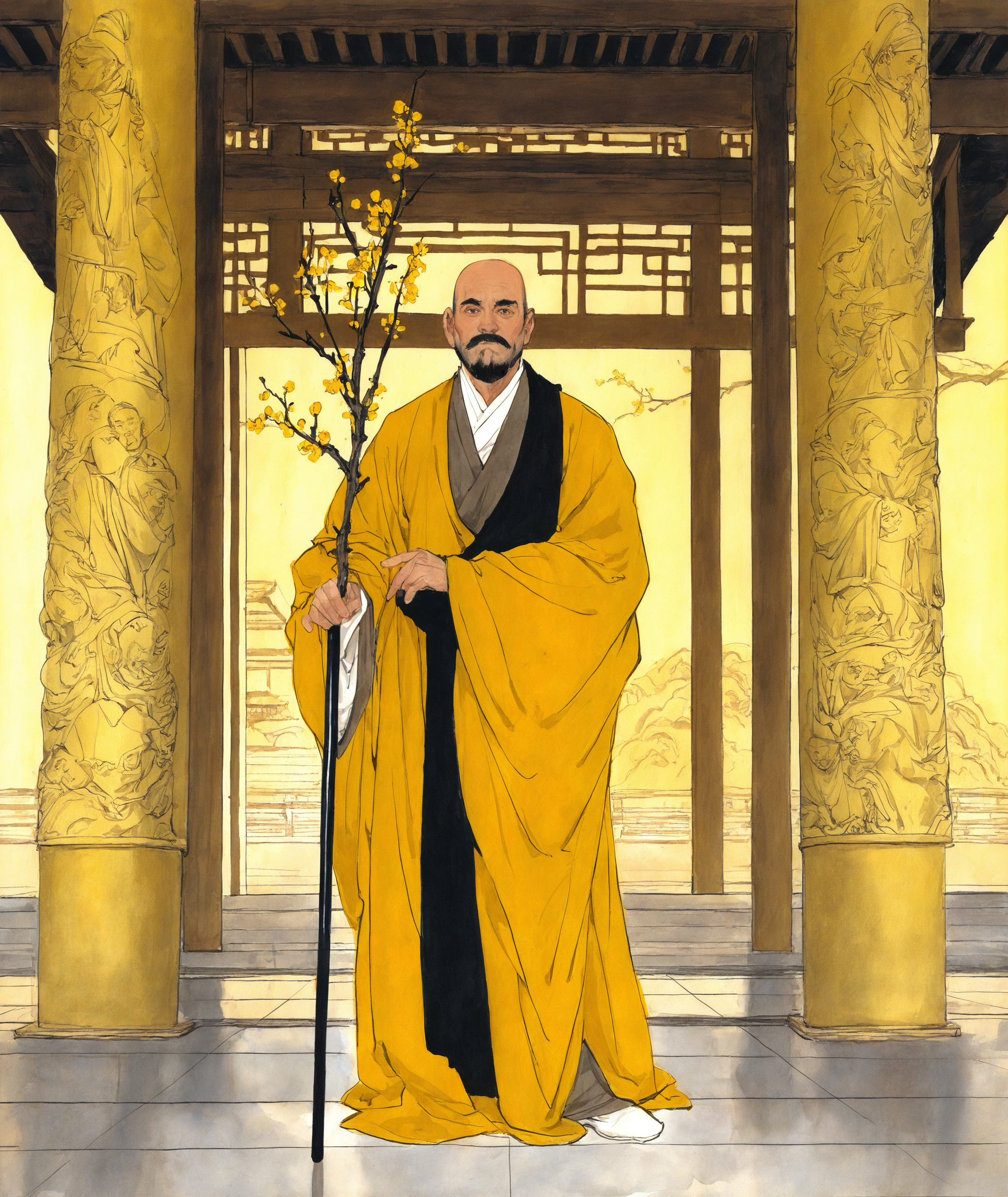 solo, long sleeves, 1male, standing, full body, chinese clothes, facial hair, beard, robe, mustache, bald, old, old man, cane, holding branch, monk, looking at viewer, buddhist temple, yellow theme, 
traditional media,
<lora:freehandink_NOOB1.0_V-PRED:1>
masterpiece, best quality, newest, absurdres, highres