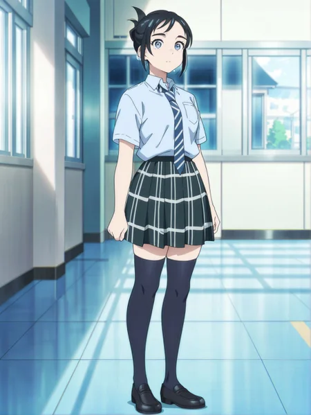 masterpiece, best quality, newest, absurdres, highres, detailed eyes, beautiful, detailed background, perfect eyes, anime coloring, anime screencap,
<lora:isaki magari:1> isaki_magari,
detailed background, full body, black hair, short hair, folded ponytail, blue eyes, school uniform, collared shirt, striped necktie, plaid skirt, thighhighs,