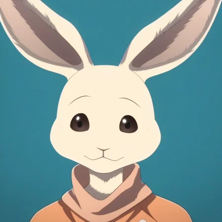 score_9, score_8_up, score_7_up, masterpiece, best quality, highly detailed, realistic, HaruS3, long sleeves, 1girl, solo, furry, anthro, lagomorph, female rabbit, pink inner ear, black eyebrows, thin eyebrows, brown sclera, black eyes, glistening eyes, white body, white fur, clothed, orange shirt, orange topwear, smile, looking at viewer, closed mouth, blue background, simple background, upper body, close-up